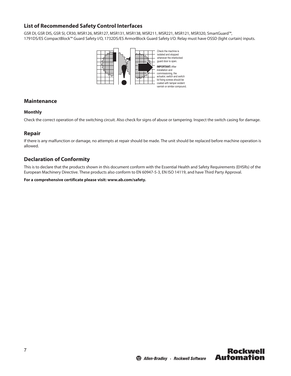 List of recommended safety control interfaces, Maintenance, Monthly | Repair, Declaration of conformity | Rockwell Automation 440N SensaGuard 18 mm Plastic Barrel Installation Instructions User Manual | Page 7 / 8