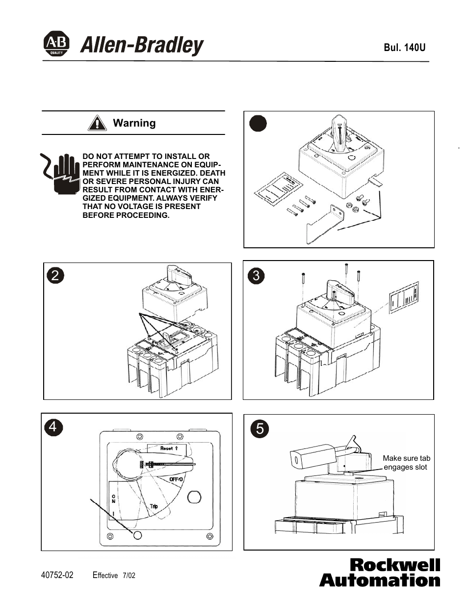 Rockwell Automation 140U J-Frame Circuit Breaker Instruction Leaflet for Direct Rotary Handle Mechanism User Manual | 2 pages