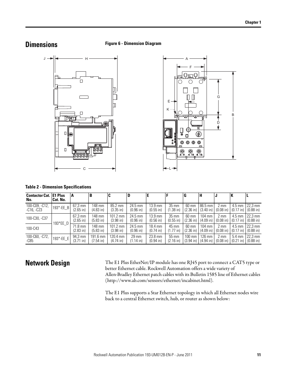 Dimensions, Figure 6 - dimension diagram, Table 2 - dimension specifications | Network design, Dimensions network design | Rockwell Automation 193-ETN E1 Plus EtherNet Side Mount Module User Manual User Manual | Page 11 / 98
