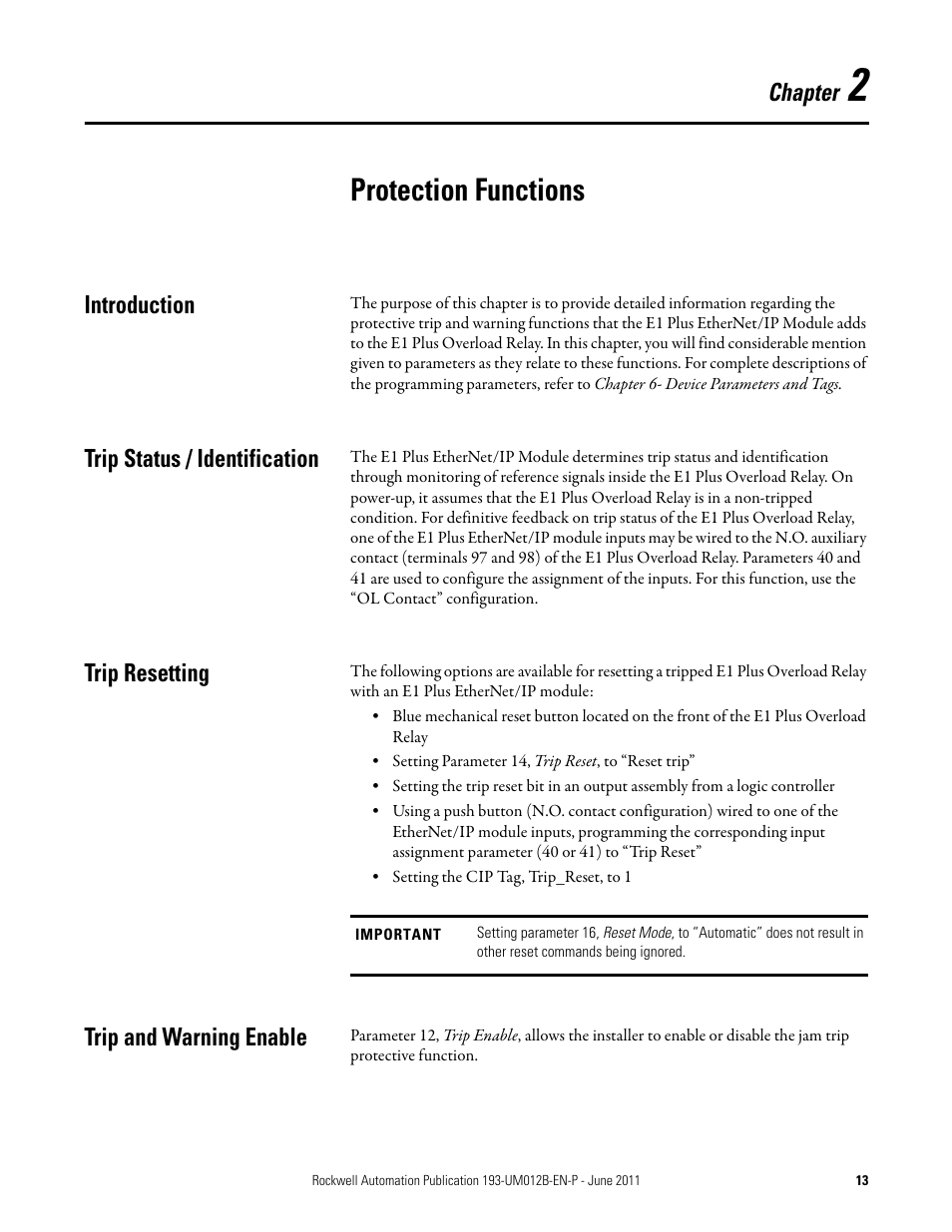 Protection functions, Introduction, Trip status / identification | Trip resetting, Trip and warning enable, Chapter | Rockwell Automation 193-ETN E1 Plus EtherNet Side Mount Module User Manual User Manual | Page 13 / 98