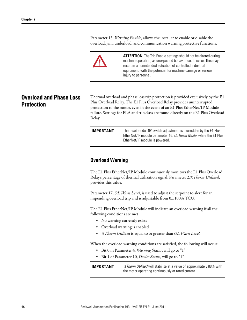 Overload and phase loss protection, Overload warning | Rockwell Automation 193-ETN E1 Plus EtherNet Side Mount Module User Manual User Manual | Page 14 / 98