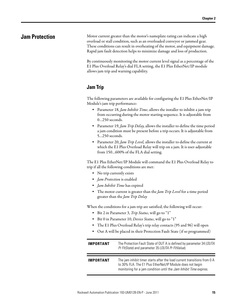Jam protection, Jam trip | Rockwell Automation 193-ETN E1 Plus EtherNet Side Mount Module User Manual User Manual | Page 15 / 98
