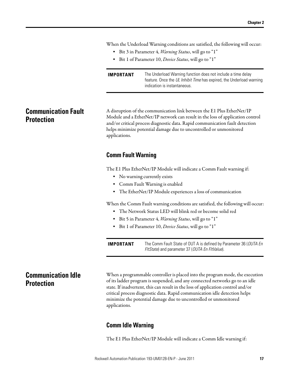 Communication fault protection, Comm fault warning, Communication idle protection | Comm idle warning | Rockwell Automation 193-ETN E1 Plus EtherNet Side Mount Module User Manual User Manual | Page 17 / 98