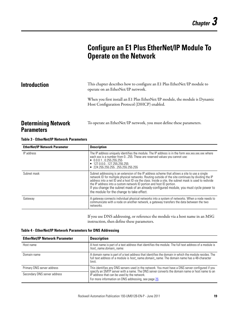 Introduction, Determining network parameters, Table 3 - ethernet/ip network parameters | Introduction determining network parameters, Chapter | Rockwell Automation 193-ETN E1 Plus EtherNet Side Mount Module User Manual User Manual | Page 19 / 98