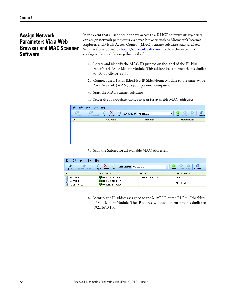 Start the mac scanner software, Scan the subnet for all available mac addresses | Rockwell Automation 193-ETN E1 Plus EtherNet Side Mount Module User Manual User Manual | Page 22 / 98