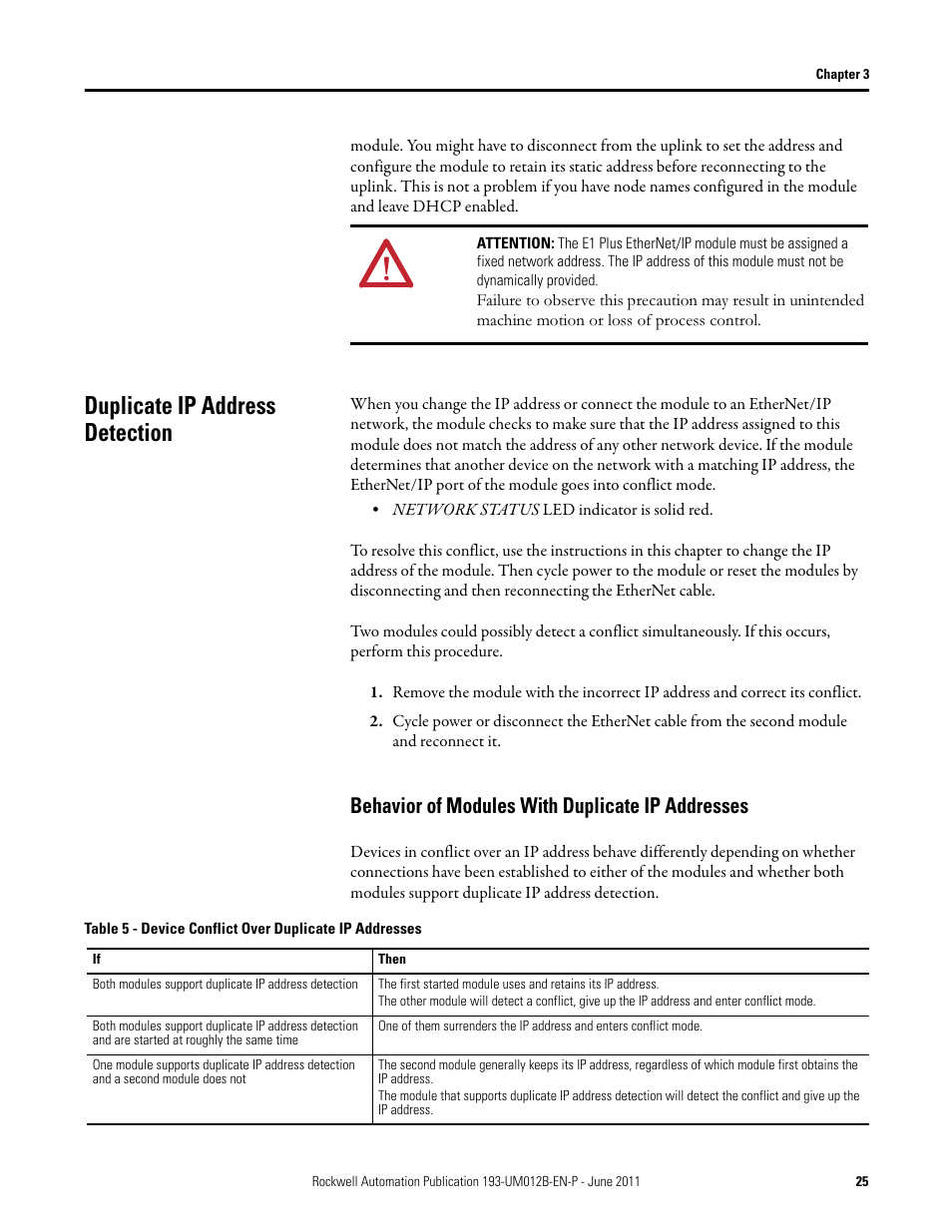 Duplicate ip address detection, Behavior of modules with duplicate ip addresses | Rockwell Automation 193-ETN E1 Plus EtherNet Side Mount Module User Manual User Manual | Page 25 / 98