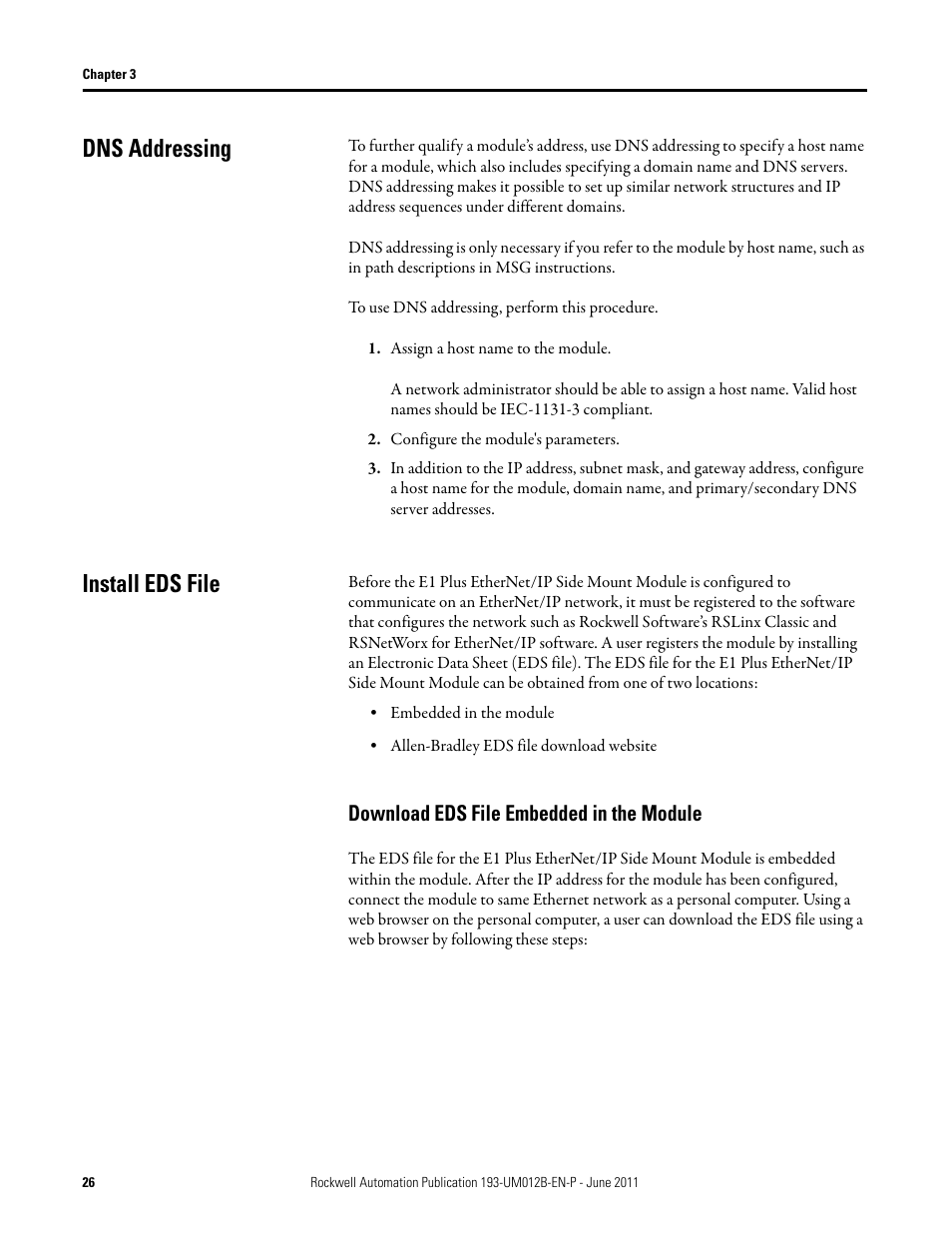 Dns addressing, Assign a host name to the module, Configure the module's parameters | Install eds file, Download eds file embedded in the module, Dns addressing install eds file | Rockwell Automation 193-ETN E1 Plus EtherNet Side Mount Module User Manual User Manual | Page 26 / 98