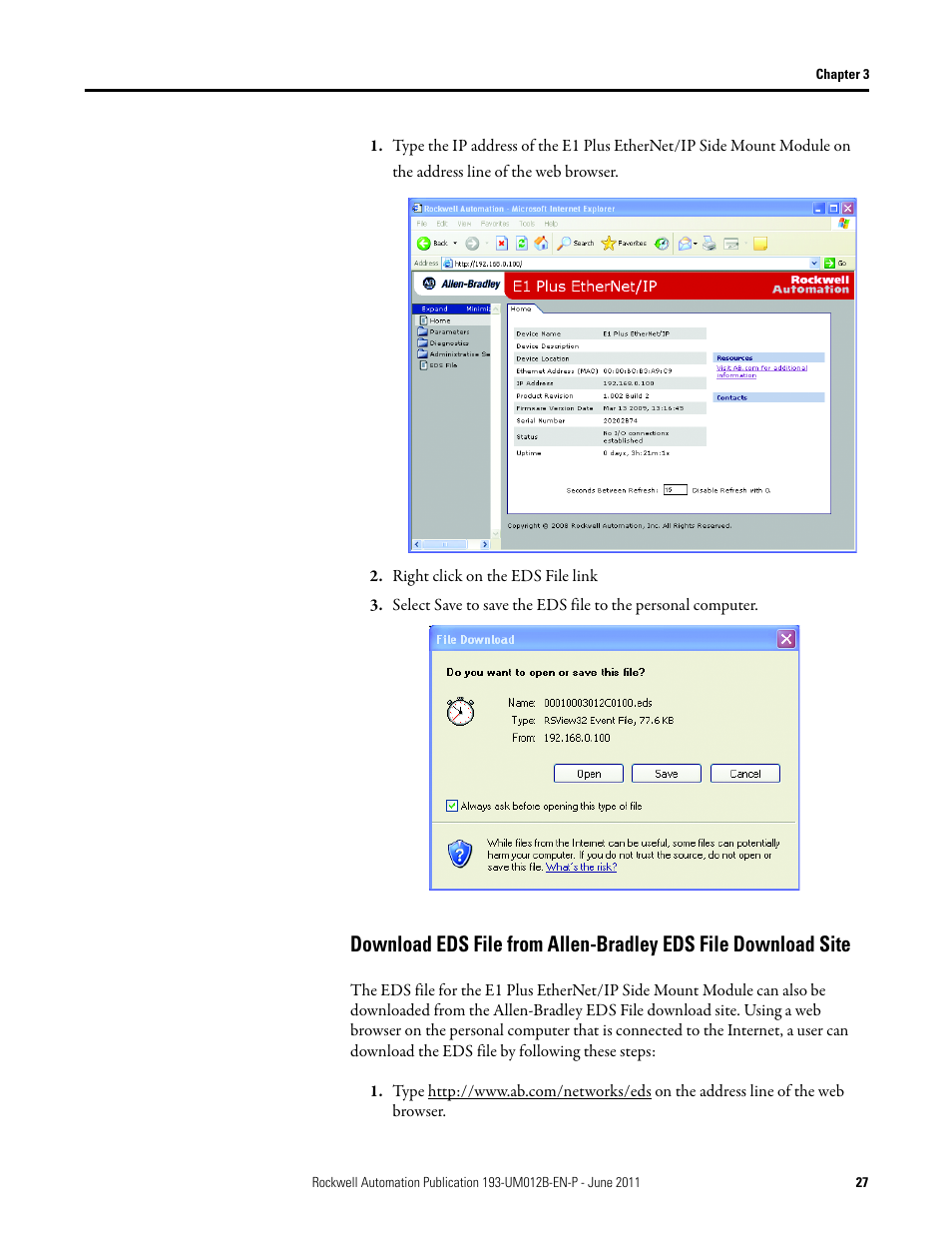 Right click on the eds file link | Rockwell Automation 193-ETN E1 Plus EtherNet Side Mount Module User Manual User Manual | Page 27 / 98