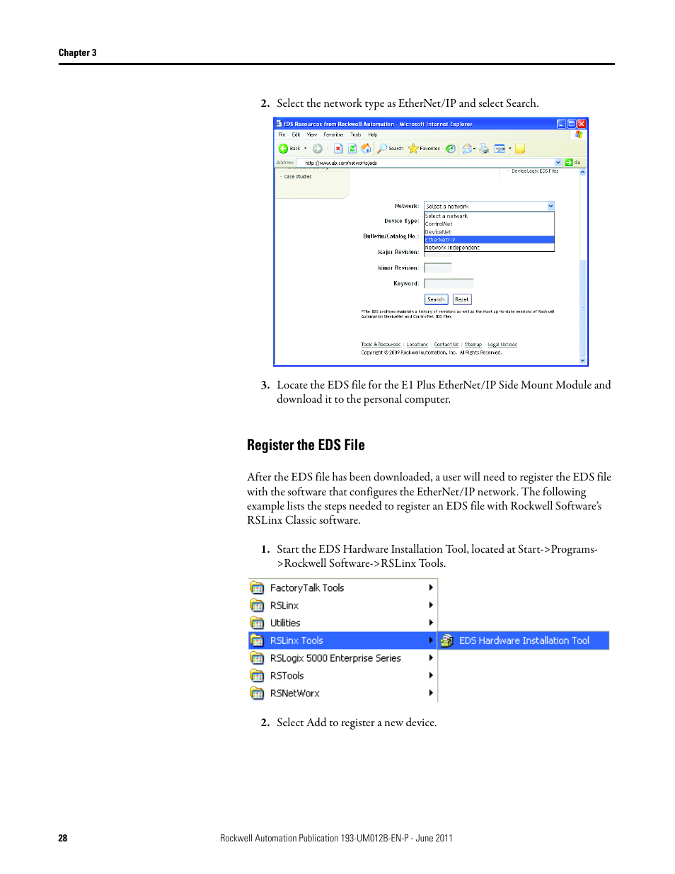 Register the eds file, Select add to register a new device | Rockwell Automation 193-ETN E1 Plus EtherNet Side Mount Module User Manual User Manual | Page 28 / 98