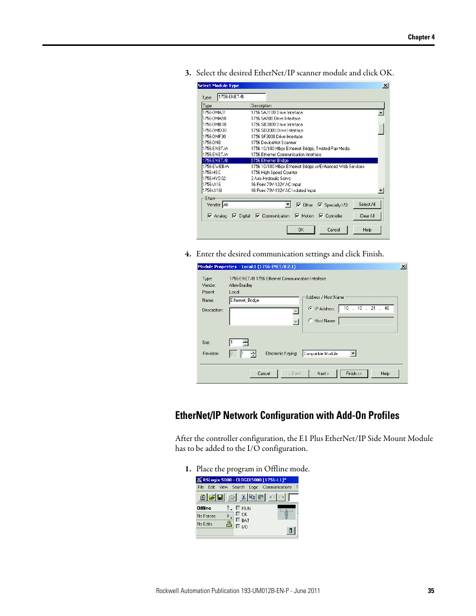 Place the program in offline mode | Rockwell Automation 193-ETN E1 Plus EtherNet Side Mount Module User Manual User Manual | Page 35 / 98