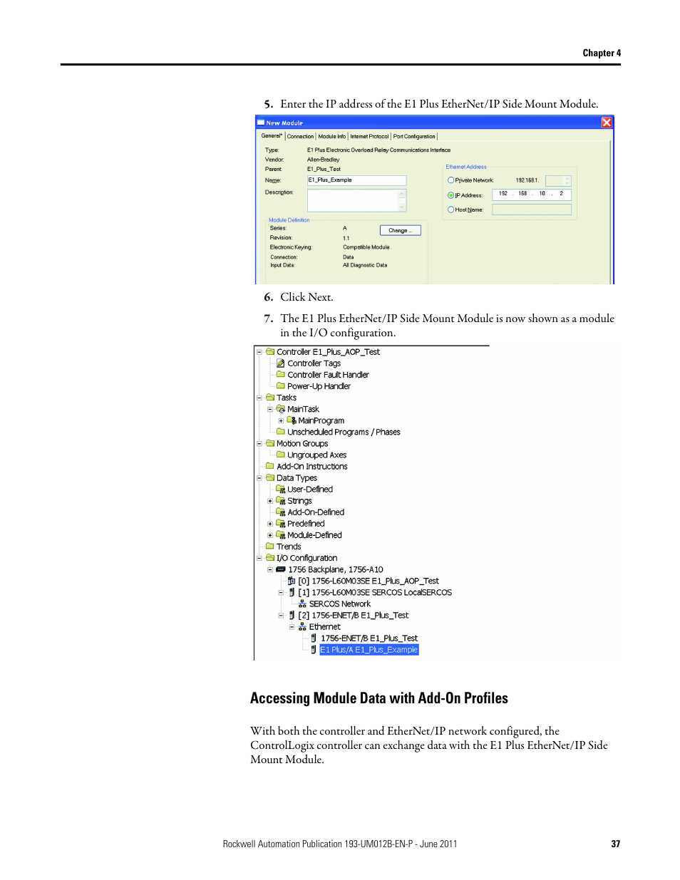 Click next, Accessing module data with add-on profiles | Rockwell Automation 193-ETN E1 Plus EtherNet Side Mount Module User Manual User Manual | Page 37 / 98