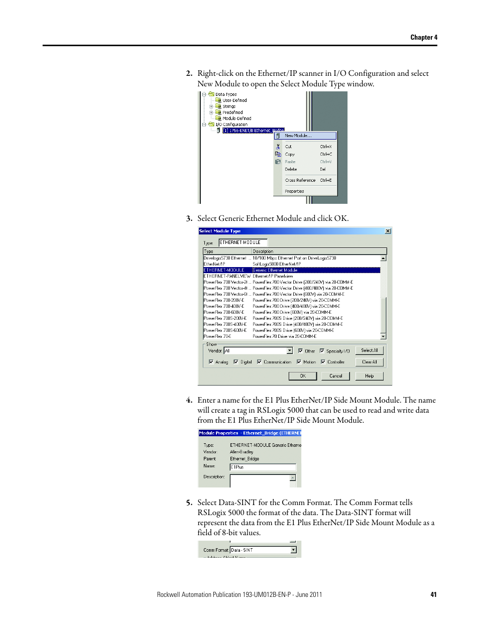 Select generic ethernet module and click ok | Rockwell Automation 193-ETN E1 Plus EtherNet Side Mount Module User Manual User Manual | Page 41 / 98