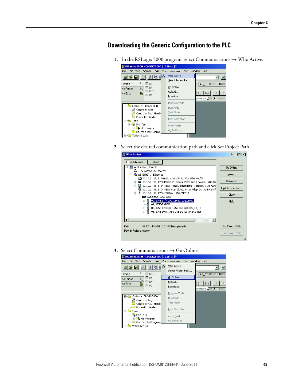 Downloading the generic configuration to the plc, Select communications ® go online | Rockwell Automation 193-ETN E1 Plus EtherNet Side Mount Module User Manual User Manual | Page 43 / 98