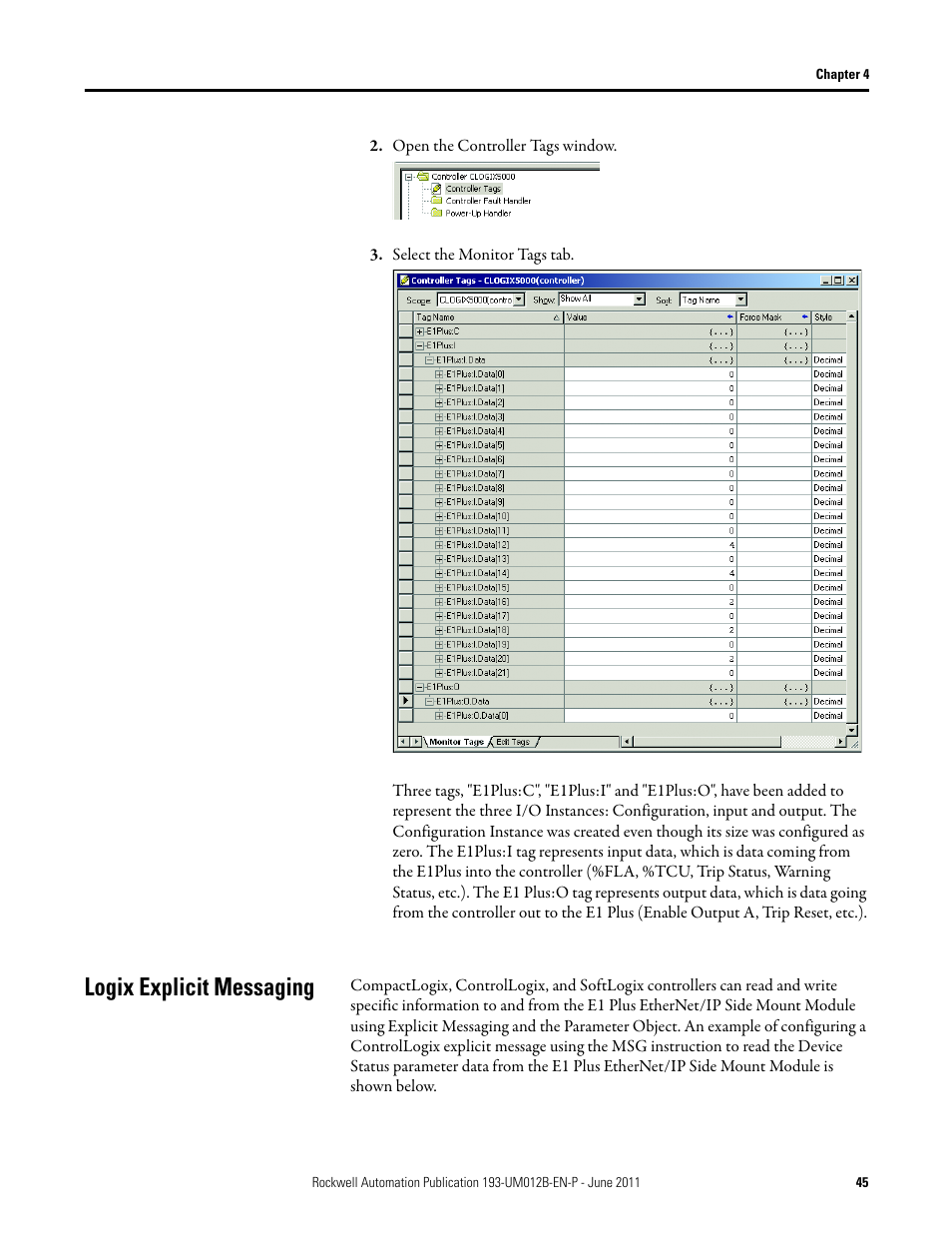 Open the controller tags window, Select the monitor tags tab, Logix explicit messaging | Rockwell Automation 193-ETN E1 Plus EtherNet Side Mount Module User Manual User Manual | Page 45 / 98