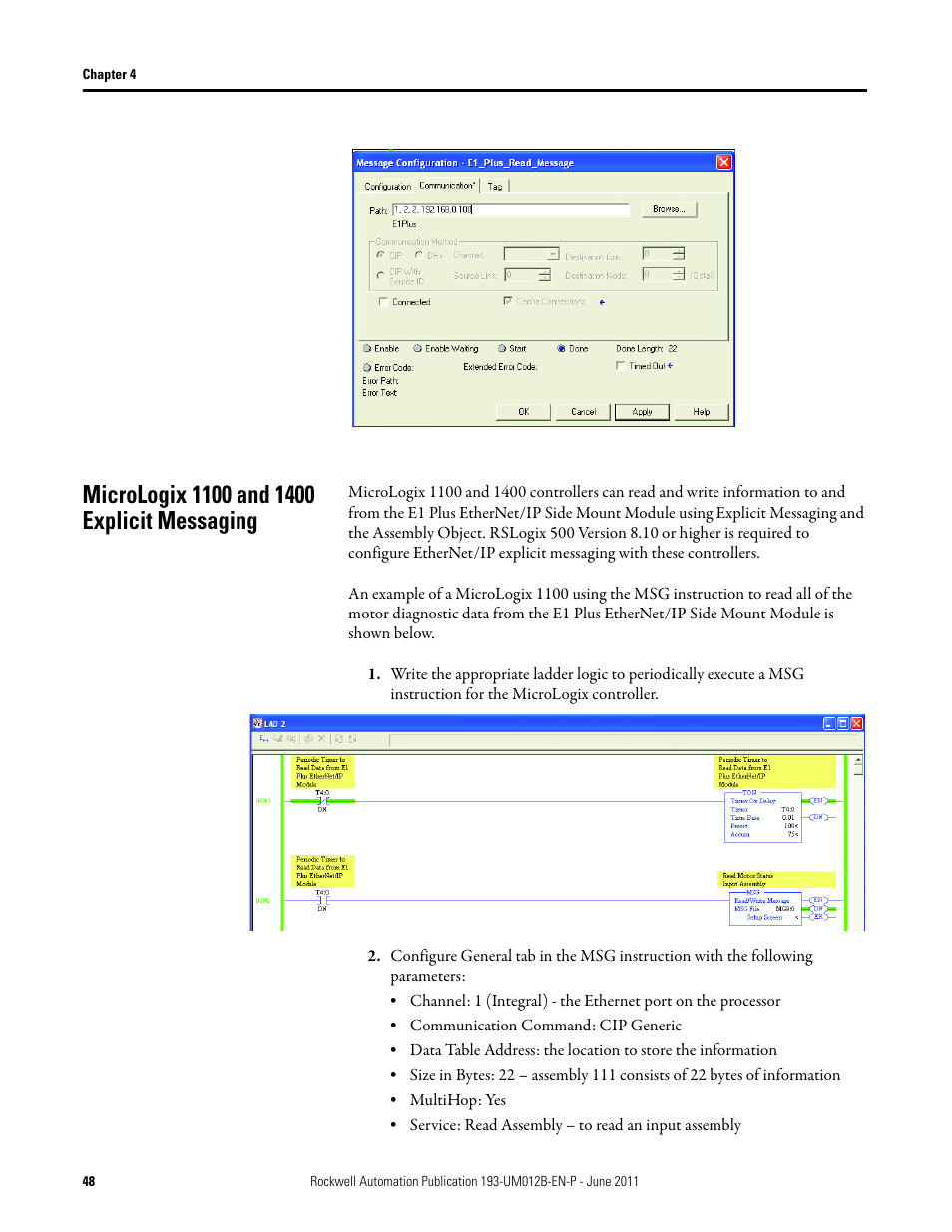 Micrologix 1100 and 1400 explicit messaging | Rockwell Automation 193-ETN E1 Plus EtherNet Side Mount Module User Manual User Manual | Page 48 / 98