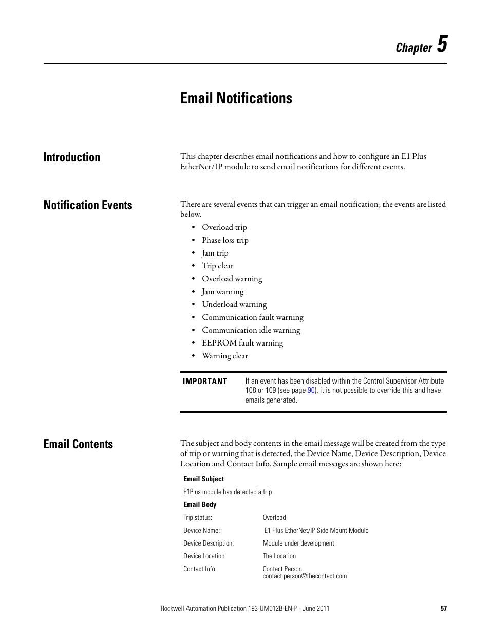 Email notifications, Introduction, Notification events | Email contents, Introduction notification events email contents, Chapter | Rockwell Automation 193-ETN E1 Plus EtherNet Side Mount Module User Manual User Manual | Page 57 / 98