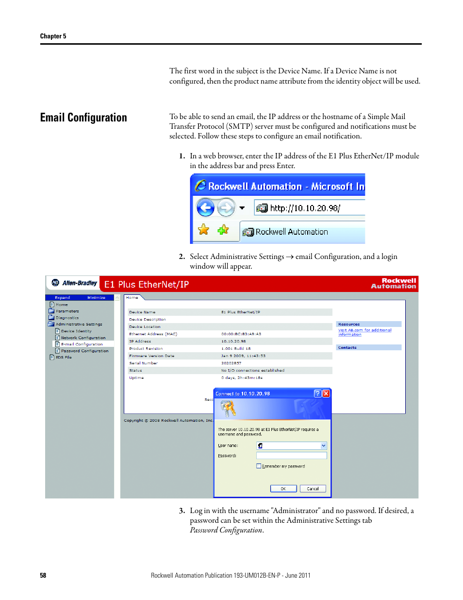 Email configuration | Rockwell Automation 193-ETN E1 Plus EtherNet Side Mount Module User Manual User Manual | Page 58 / 98