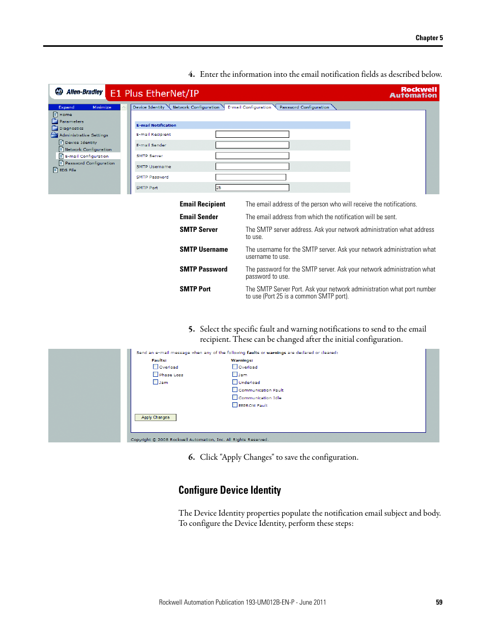 Click "apply changes" to save the configuration, Configure device identity | Rockwell Automation 193-ETN E1 Plus EtherNet Side Mount Module User Manual User Manual | Page 59 / 98