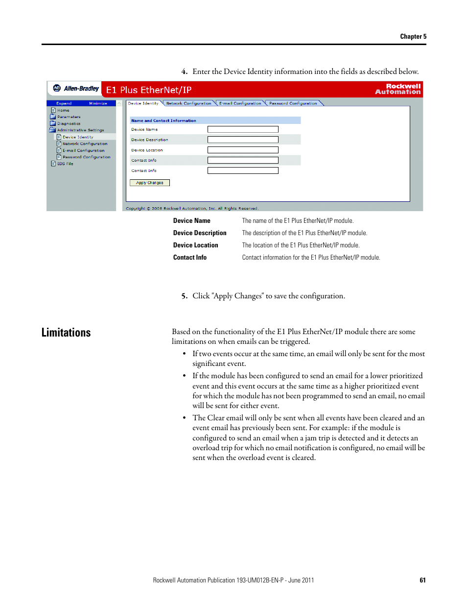 Click "apply changes" to save the configuration, Limitations | Rockwell Automation 193-ETN E1 Plus EtherNet Side Mount Module User Manual User Manual | Page 61 / 98