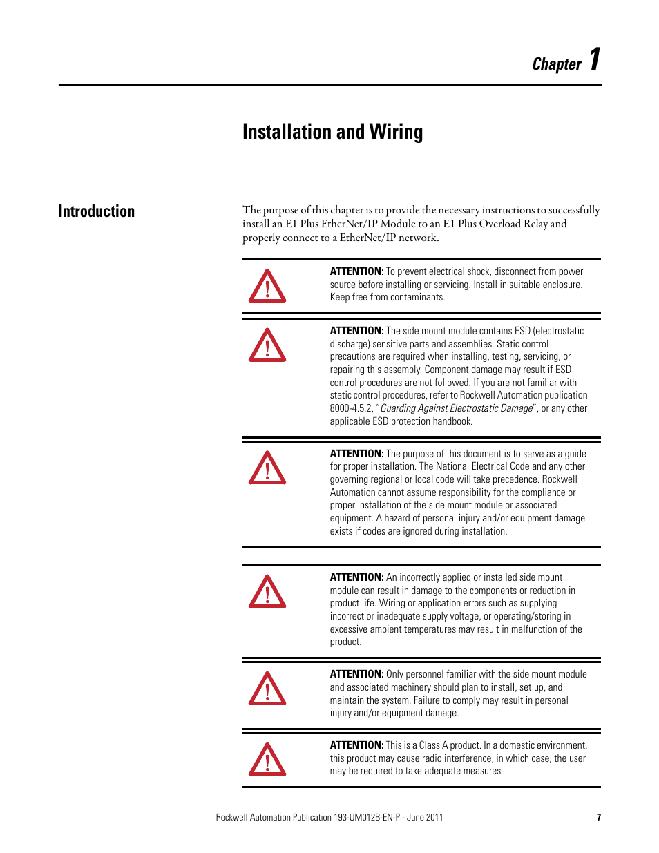 Installation and wiring, Introduction, Chapter | Rockwell Automation 193-ETN E1 Plus EtherNet Side Mount Module User Manual User Manual | Page 7 / 98