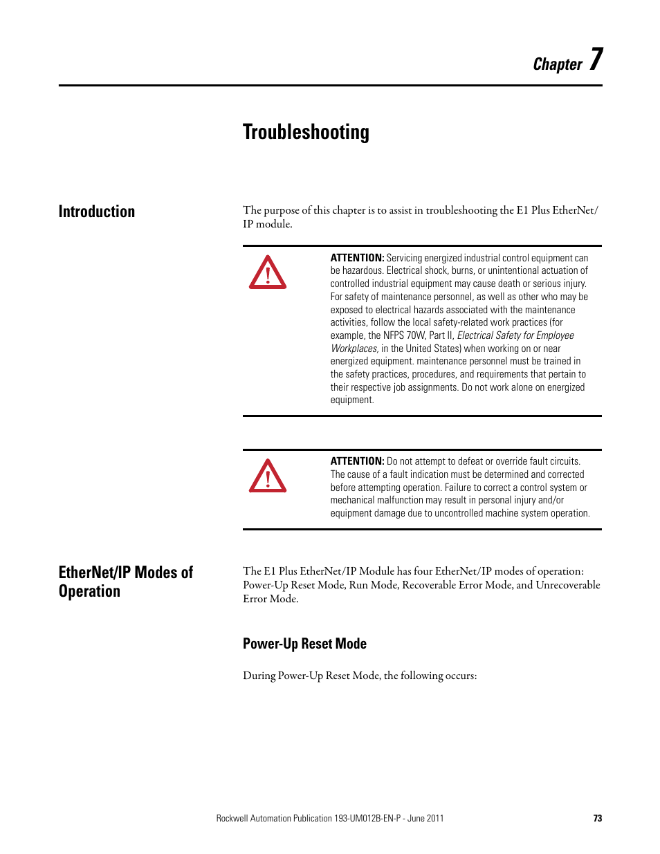 Troubleshooting, Introduction, Ethernet/ip modes of operation | Power-up reset mode, Introduction ethernet/ip modes of operation | Rockwell Automation 193-ETN E1 Plus EtherNet Side Mount Module User Manual User Manual | Page 73 / 98