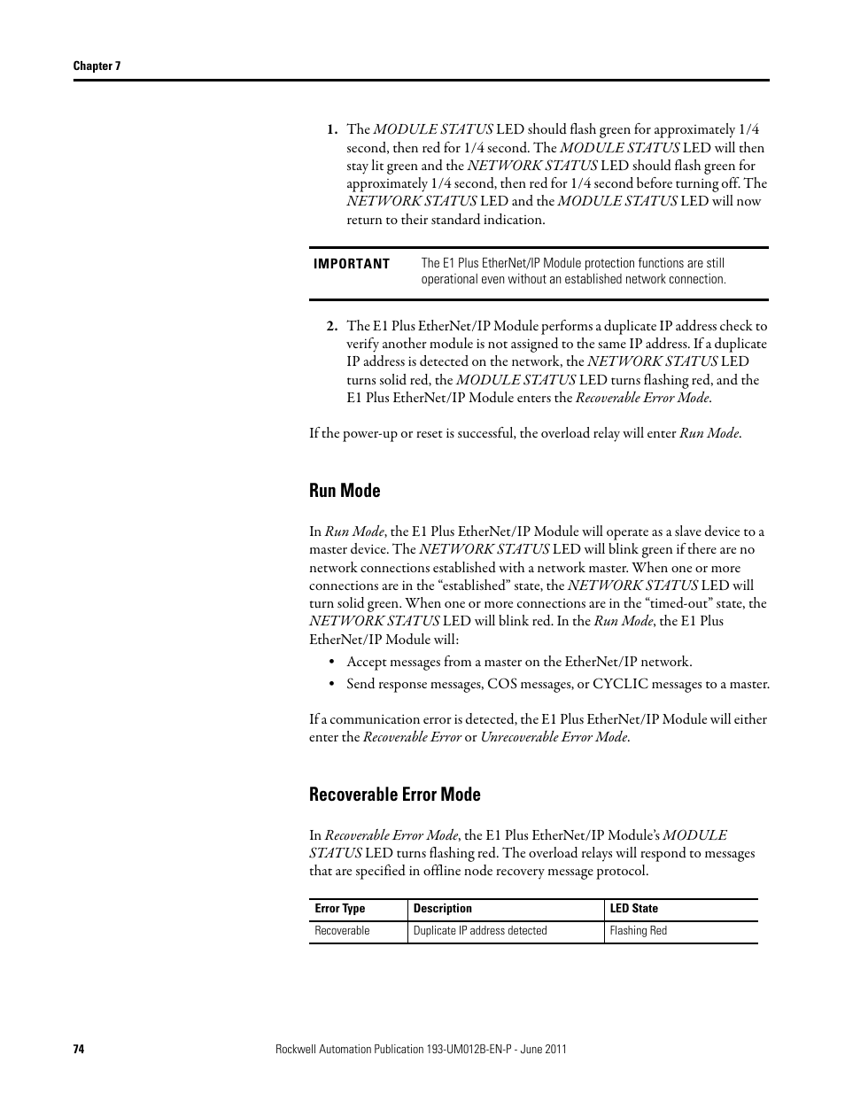 Run mode, Recoverable error mode, Run mode recoverable error mode | Rockwell Automation 193-ETN E1 Plus EtherNet Side Mount Module User Manual User Manual | Page 74 / 98
