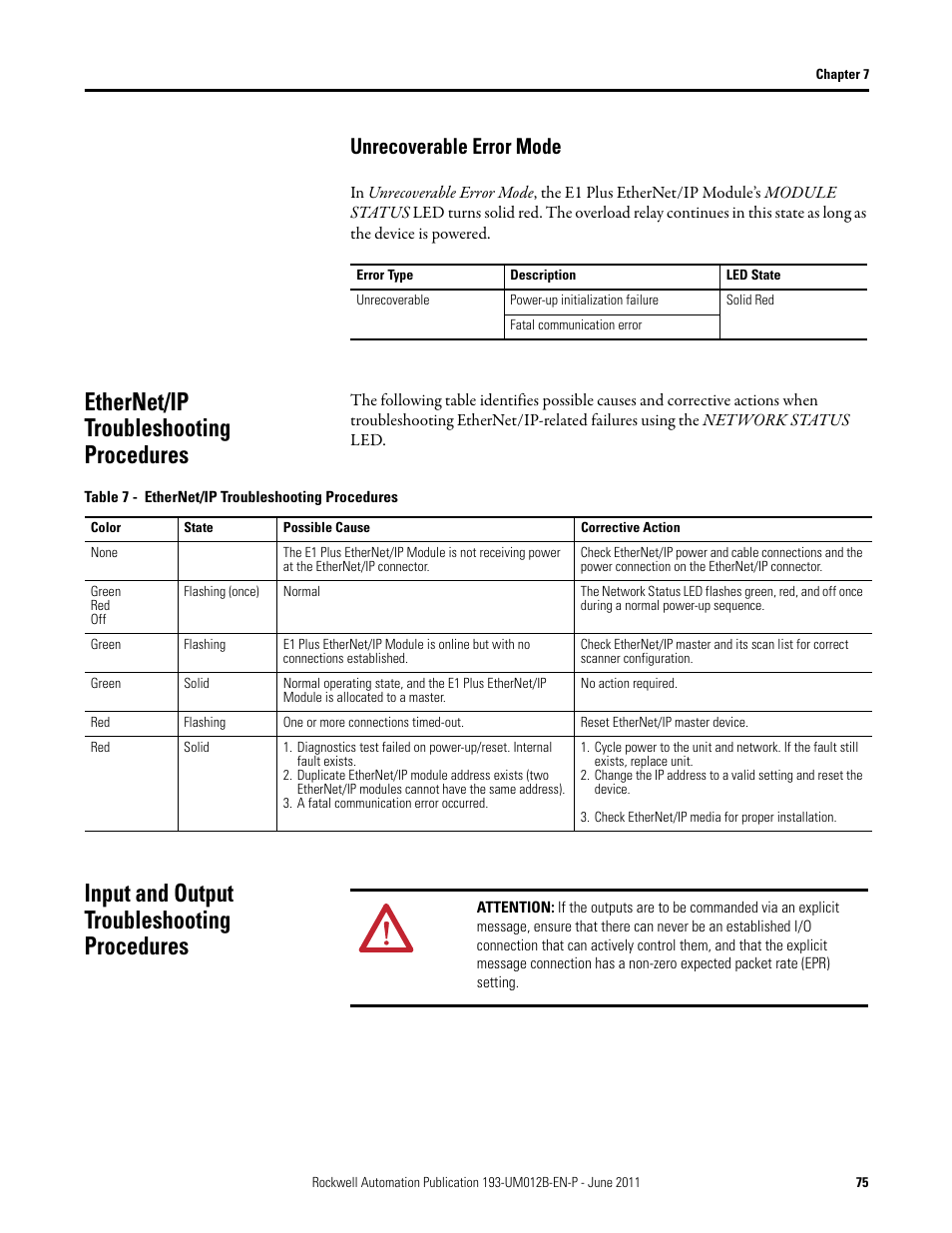 Unrecoverable error mode, Ethernet/ip troubleshooting procedures, Table 7 - ethernet/ip troubleshooting procedures | A fatal communication error occurred, Check ethernet/ip media for proper installation, Input and output troubleshooting procedures | Rockwell Automation 193-ETN E1 Plus EtherNet Side Mount Module User Manual User Manual | Page 75 / 98
