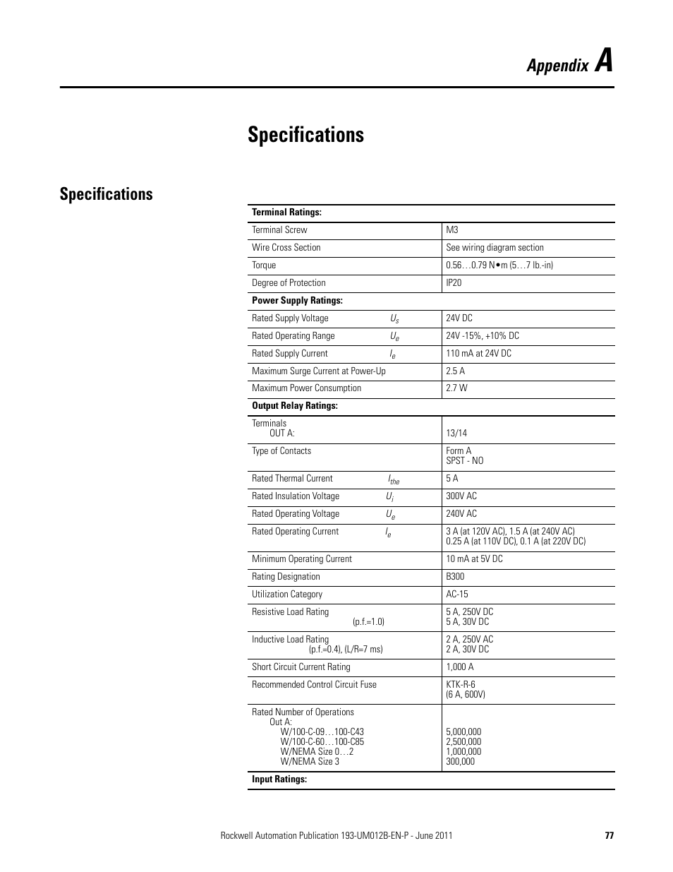 Specifications, Appendix | Rockwell Automation 193-ETN E1 Plus EtherNet Side Mount Module User Manual User Manual | Page 77 / 98