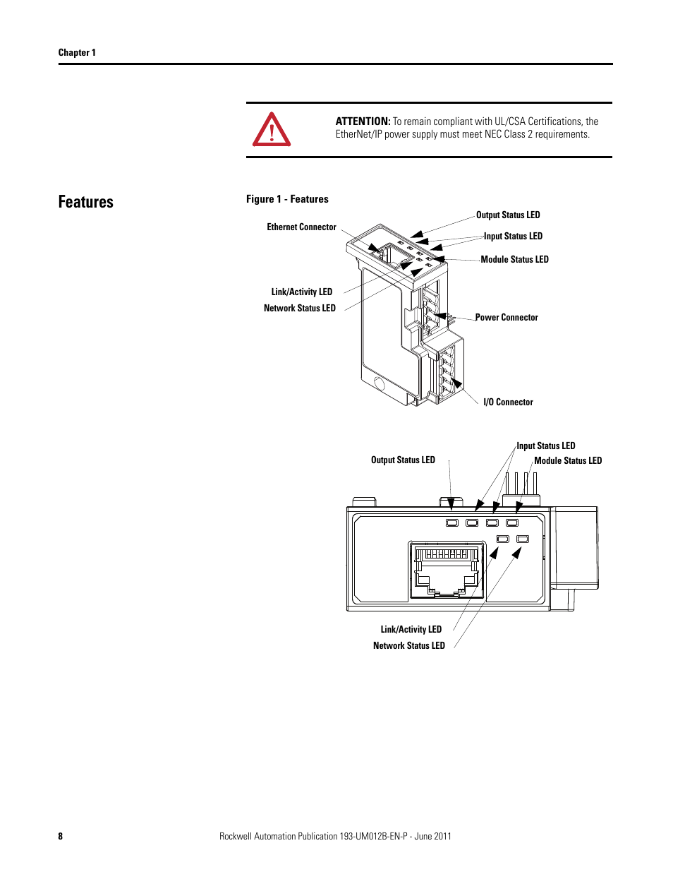 Features, Figure 1 - features | Rockwell Automation 193-ETN E1 Plus EtherNet Side Mount Module User Manual User Manual | Page 8 / 98