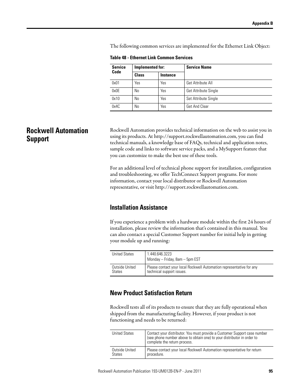 Table 48 - ethernet link common services, Rockwell automation support, Installation assistance | New product satisfaction return | Rockwell Automation 193-ETN E1 Plus EtherNet Side Mount Module User Manual User Manual | Page 95 / 98