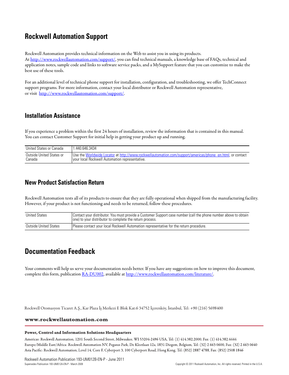 Pub. no./date, Rockwell automation support, Documentation feedback | Installation assistance, New product satisfaction return | Rockwell Automation 193-ETN E1 Plus EtherNet Side Mount Module User Manual User Manual | Page 98 / 98