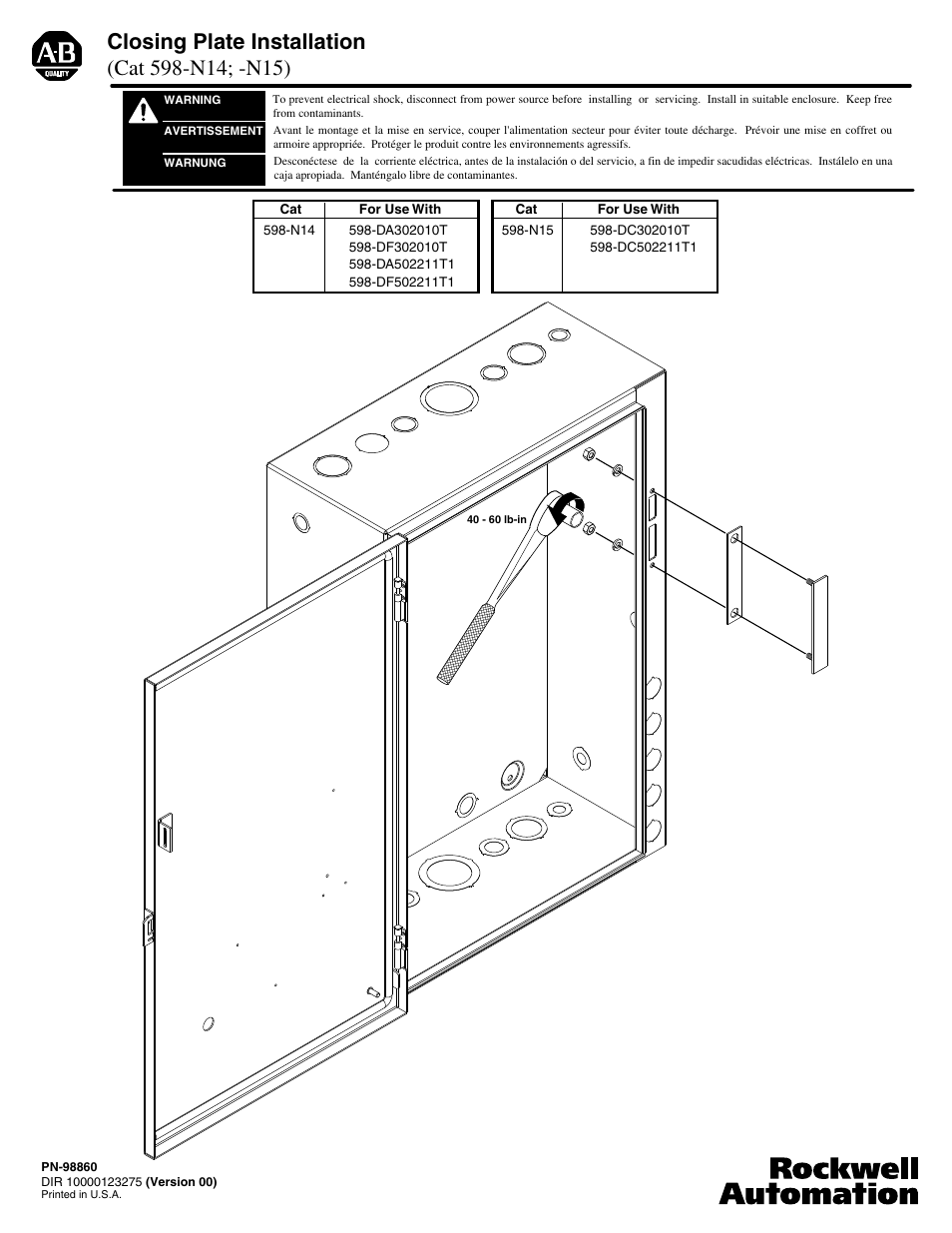 Rockwell Automation 598-N14_N15 Closing Plate Installation User Manual | 2 pages