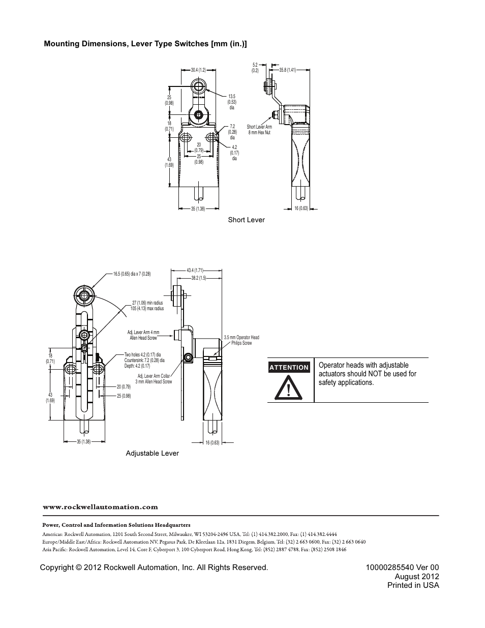 Mounting dimensions, lever type switches [mm (in.) | Rockwell Automation 440P Bulletin 440P 2 N.C. Small Metal Safety Position Switches with 5-Pin Male Micro User Manual | Page 4 / 4