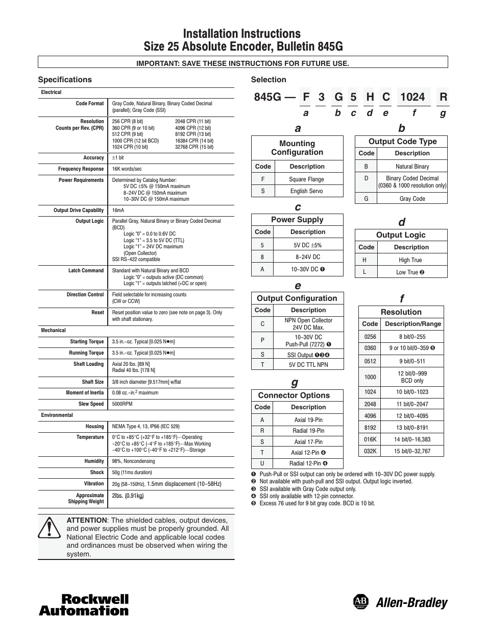 Rockwell Automation 845G Absolute Encoder, Size 25 User Manual | 4 pages