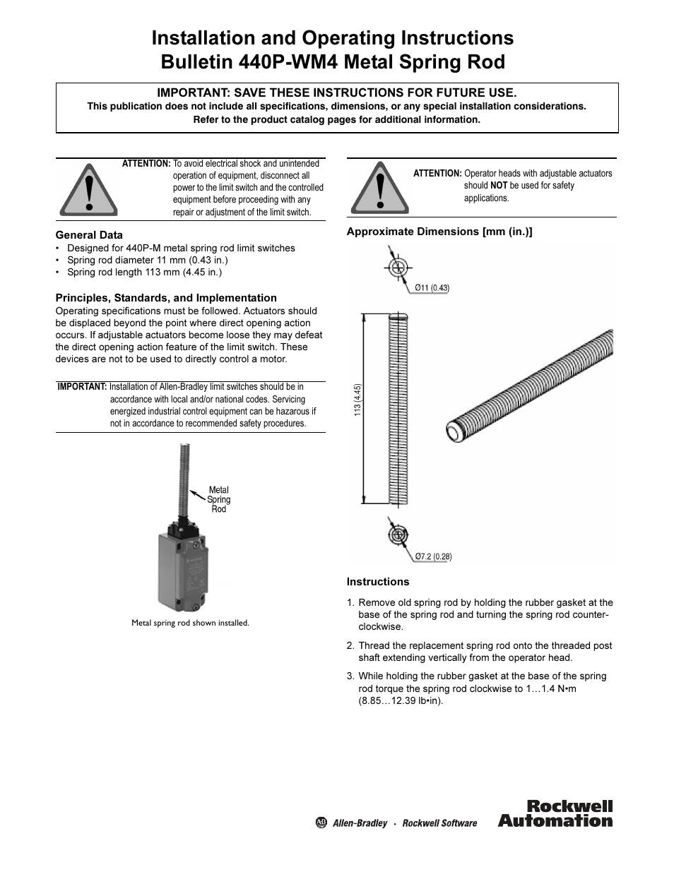 Rockwell Automation 440P-WM4 Metal Spring Rod Installation/Operating Instructions User Manual | 2 pages