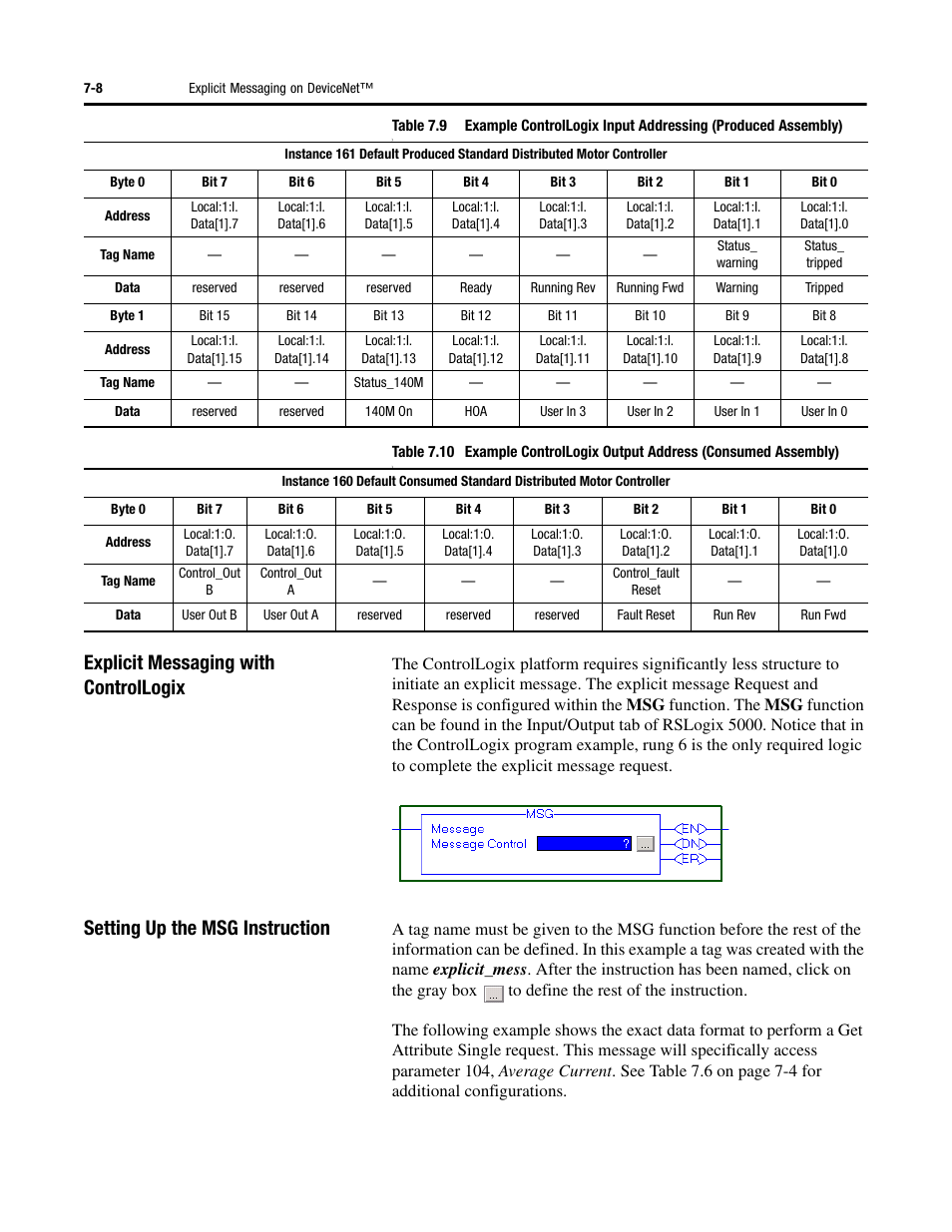 Explicit messaging with controllogix, Setting up the msg instruction | Rockwell Automation 284D ArmorStart - Safety Version - User Manual User Manual | Page 156 / 320