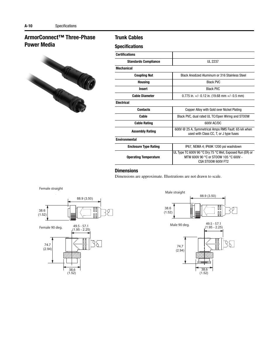 Armorconnect™ three-phase power media, Trunk cables, Specifications dimensions | Rockwell Automation 284D ArmorStart - Safety Version - User Manual User Manual | Page 214 / 320