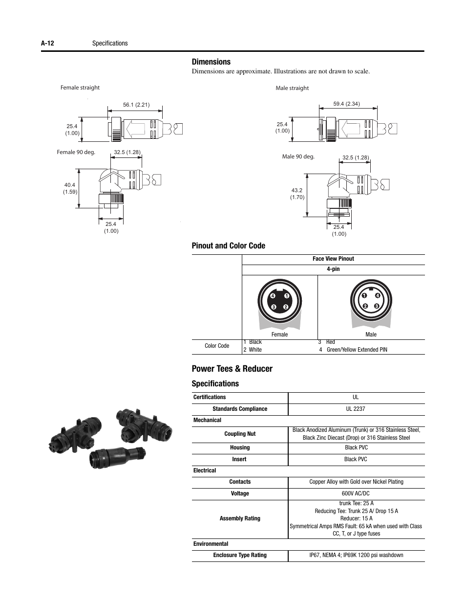 Power tees & reducer, Dimensions, Pinout and color code | Specifications | Rockwell Automation 284D ArmorStart - Safety Version - User Manual User Manual | Page 216 / 320