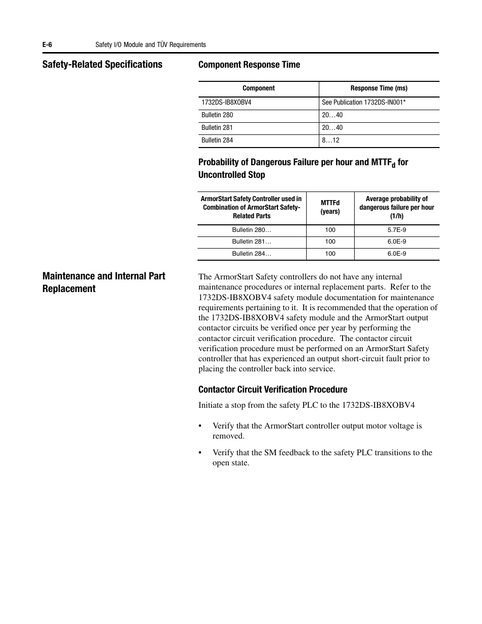 Safety-related specifications, Maintenance and internal part replacement | Rockwell Automation 284D ArmorStart - Safety Version - User Manual User Manual | Page 294 / 320
