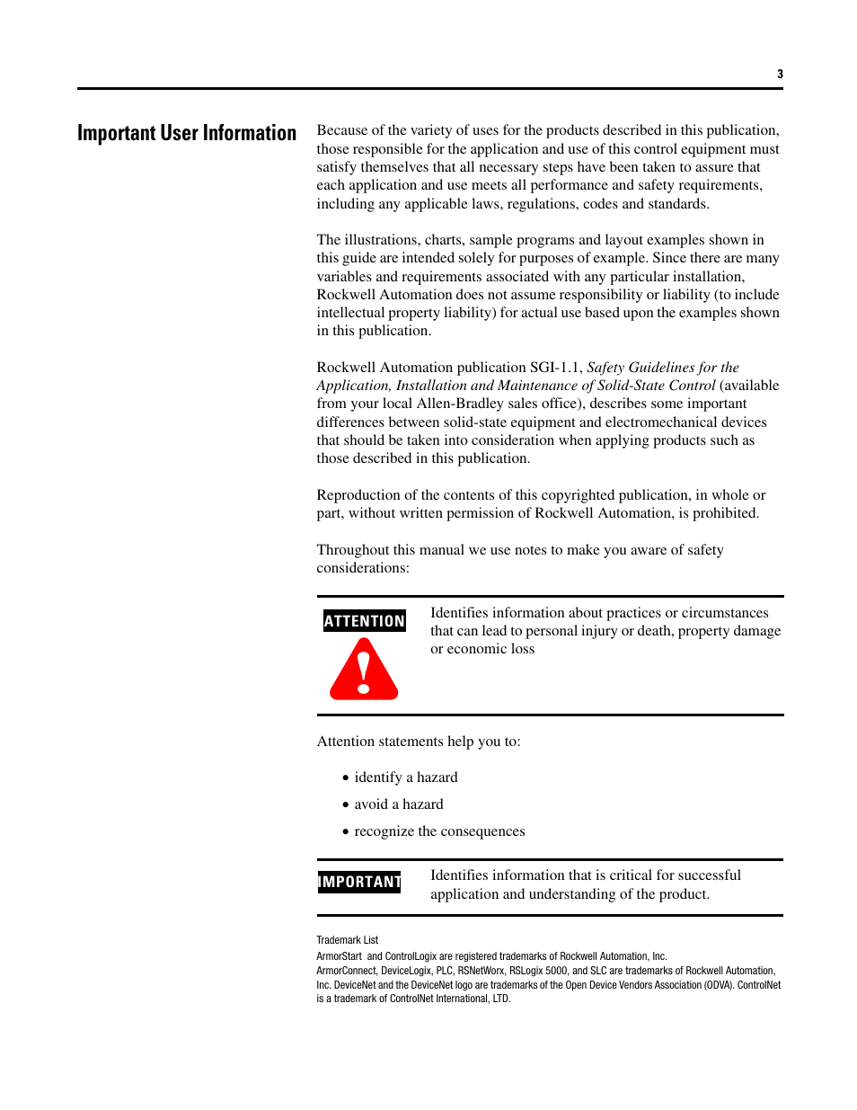 Important user information | Rockwell Automation 284D ArmorStart - Safety Version - User Manual User Manual | Page 3 / 320