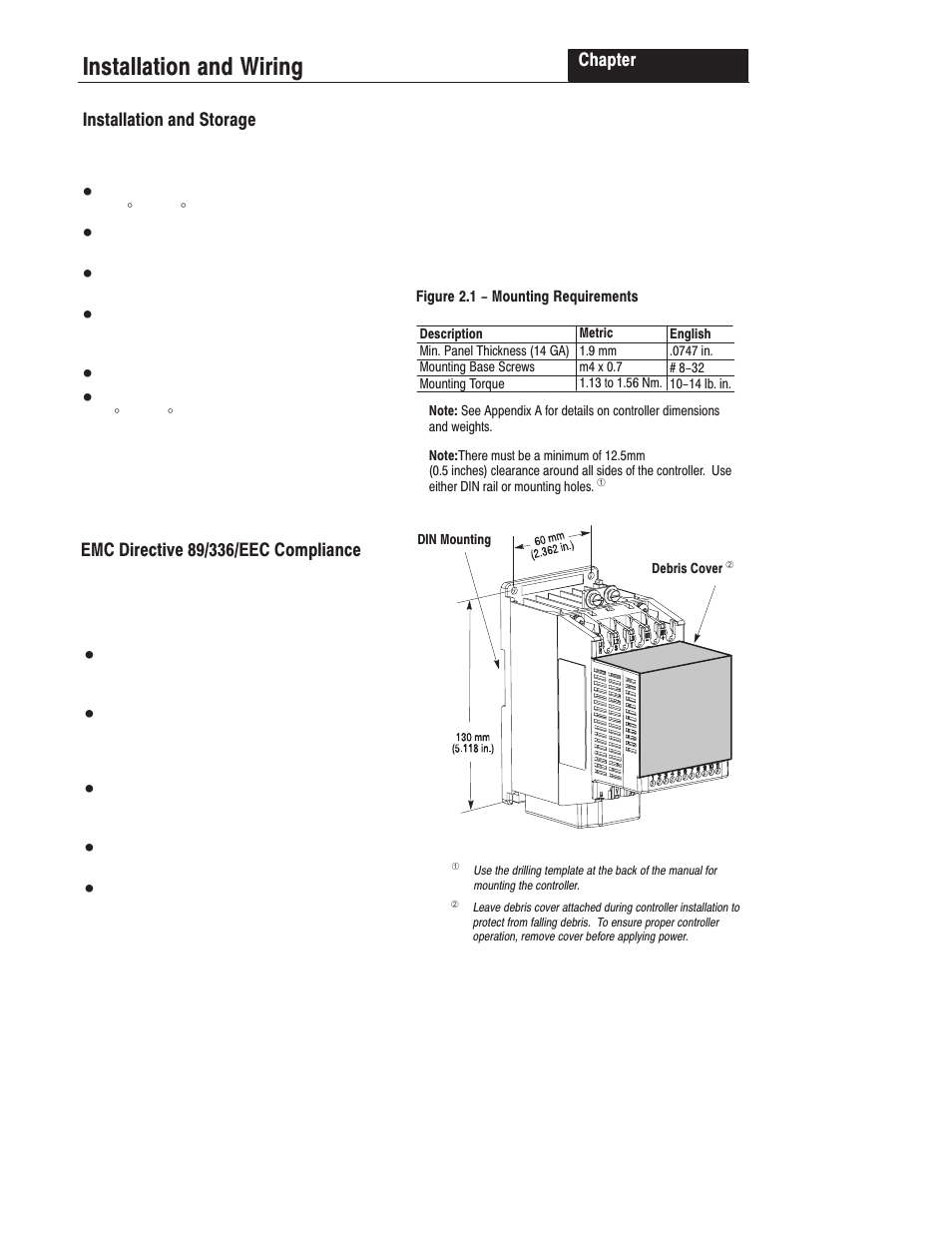 Chapter 2 - installation and wiring, Installation and storage, Emc directive 89/ 336/ eec compliance | Emc directive 89/336/eec compliance, Installation and wiring | Rockwell Automation 160 SER A FRN 1.XX-4.XX User Manual | Page 15 / 50