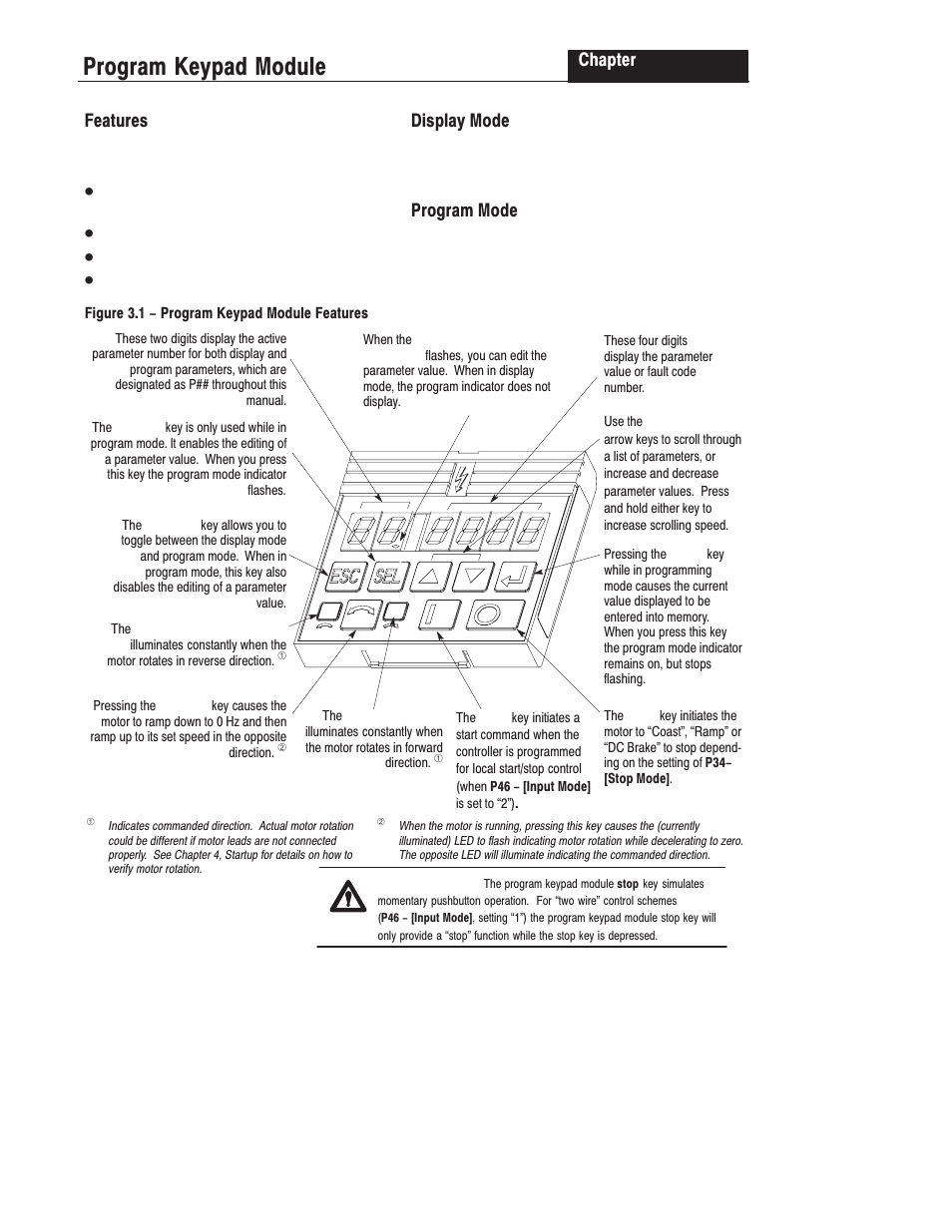 Chapter 3 - program keypad module, Features, Display mode | Program mode, Program keypad module, Chapter | Rockwell Automation 160 SER A FRN 1.XX-4.XX User Manual | Page 23 / 50