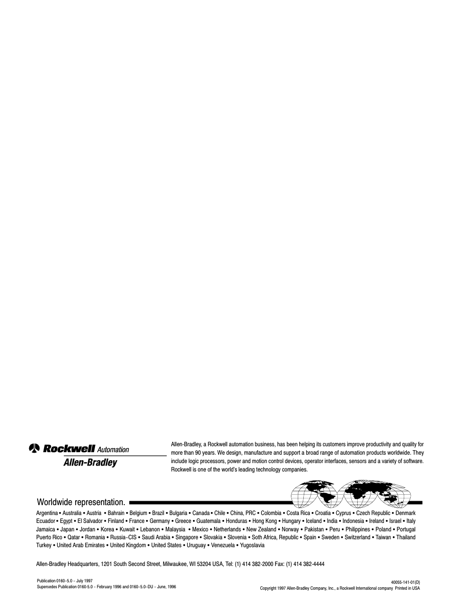 Worldwide representation | Rockwell Automation 160 SER A FRN 1.XX-4.XX User Manual | Page 50 / 50