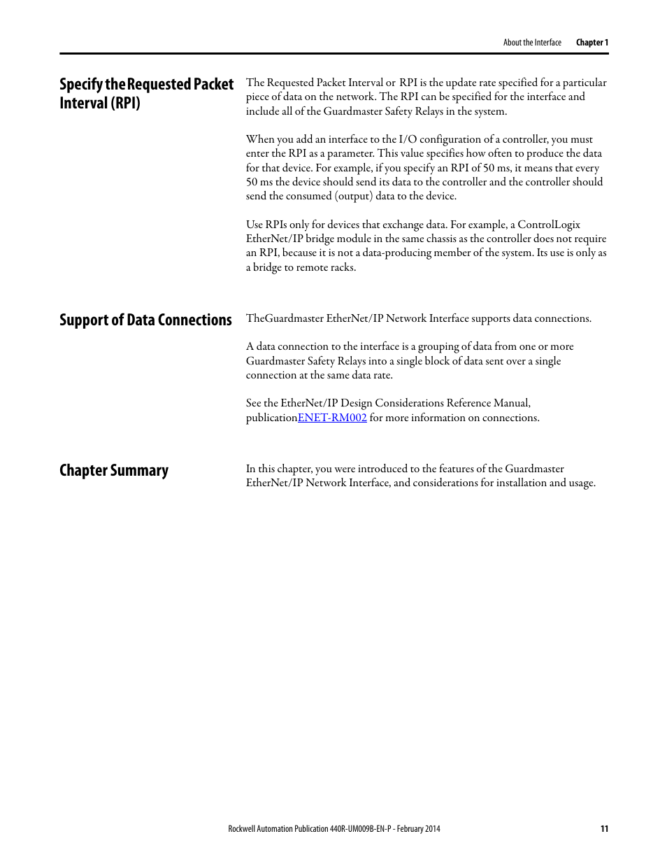 Specify the requested packet interval (rpi), Support of data connections, Chapter summary | Specify the, Requested packet interval (rpi) | Rockwell Automation 440R Guardmaster EtherNet/IP Network Interface User Manual User Manual | Page 11 / 64