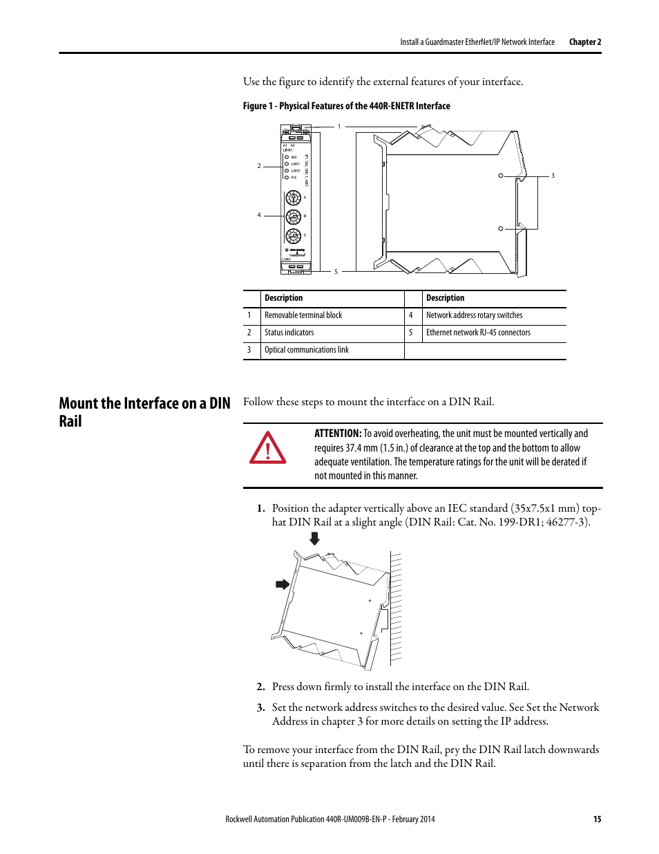 Mount the interface on a din rail | Rockwell Automation 440R Guardmaster EtherNet/IP Network Interface User Manual User Manual | Page 15 / 64