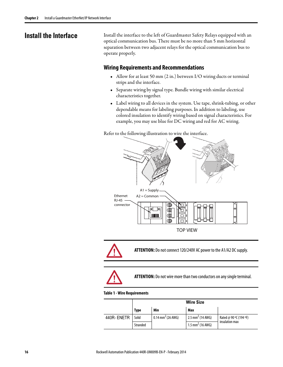 Wiring requirements and recommendations, Install the interface | Rockwell Automation 440R Guardmaster EtherNet/IP Network Interface User Manual User Manual | Page 16 / 64