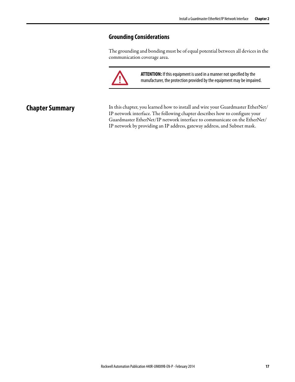 Grounding considerations, Chapter summary | Rockwell Automation 440R Guardmaster EtherNet/IP Network Interface User Manual User Manual | Page 17 / 64