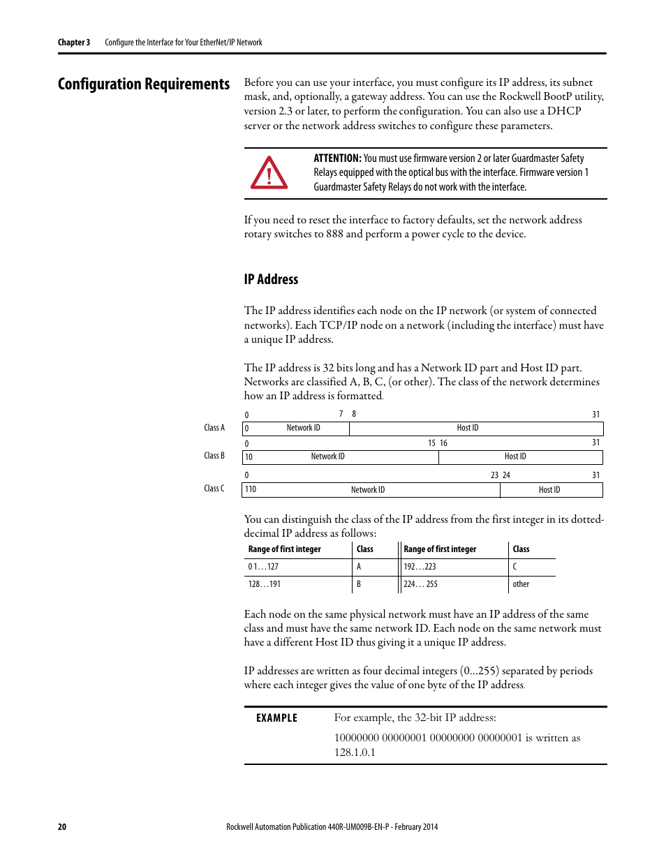 Configuration requirements, Ip address | Rockwell Automation 440R Guardmaster EtherNet/IP Network Interface User Manual User Manual | Page 20 / 64