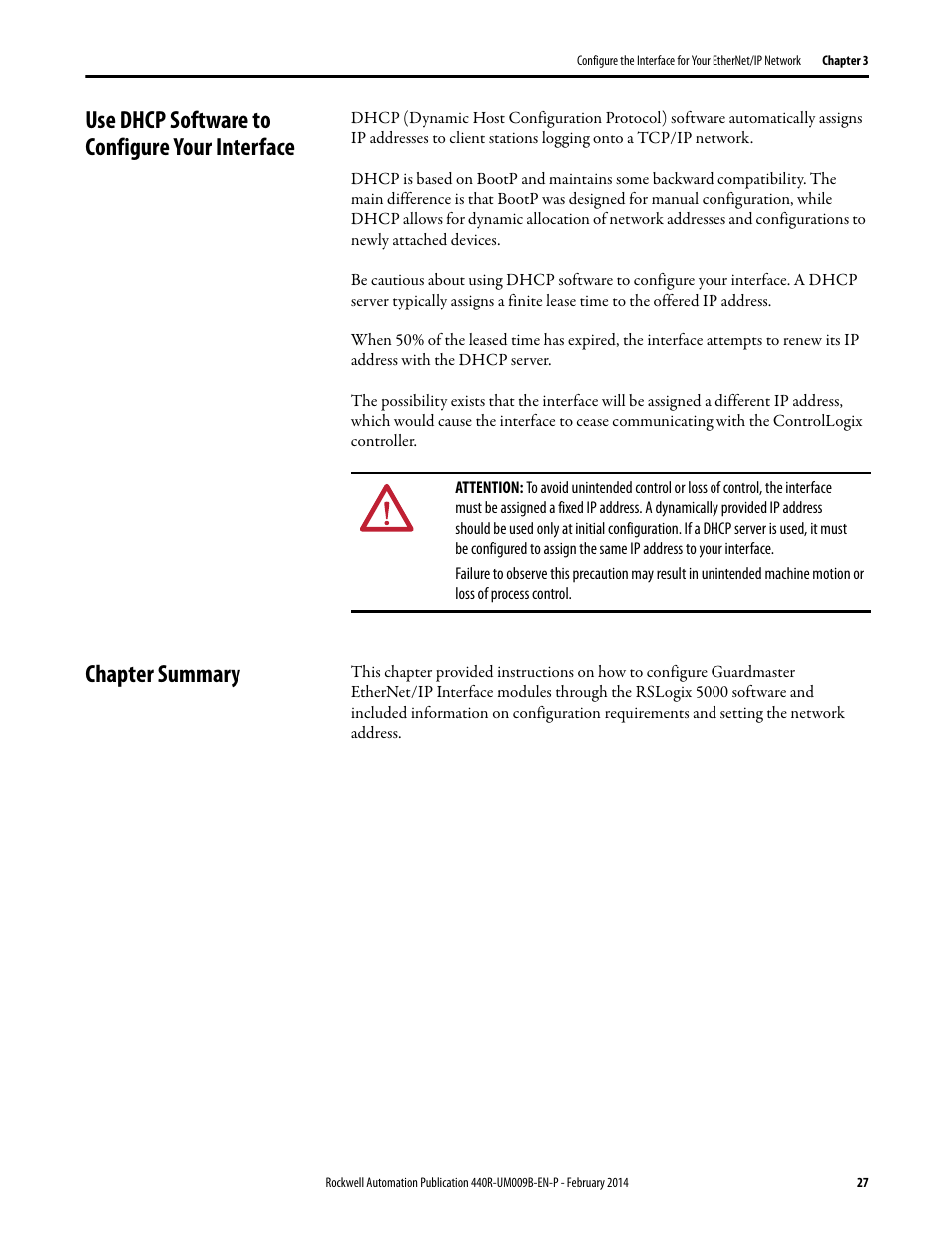 Use dhcp software to configure your interface, Chapter summary | Rockwell Automation 440R Guardmaster EtherNet/IP Network Interface User Manual User Manual | Page 27 / 64