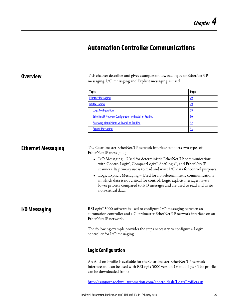 Automation controller communications, Overview, Ethernet messaging | I/o messaging, Logix configuration, Chapter 4, Overview ethernet messaging i/o messaging, Chapter | Rockwell Automation 440R Guardmaster EtherNet/IP Network Interface User Manual User Manual | Page 29 / 64